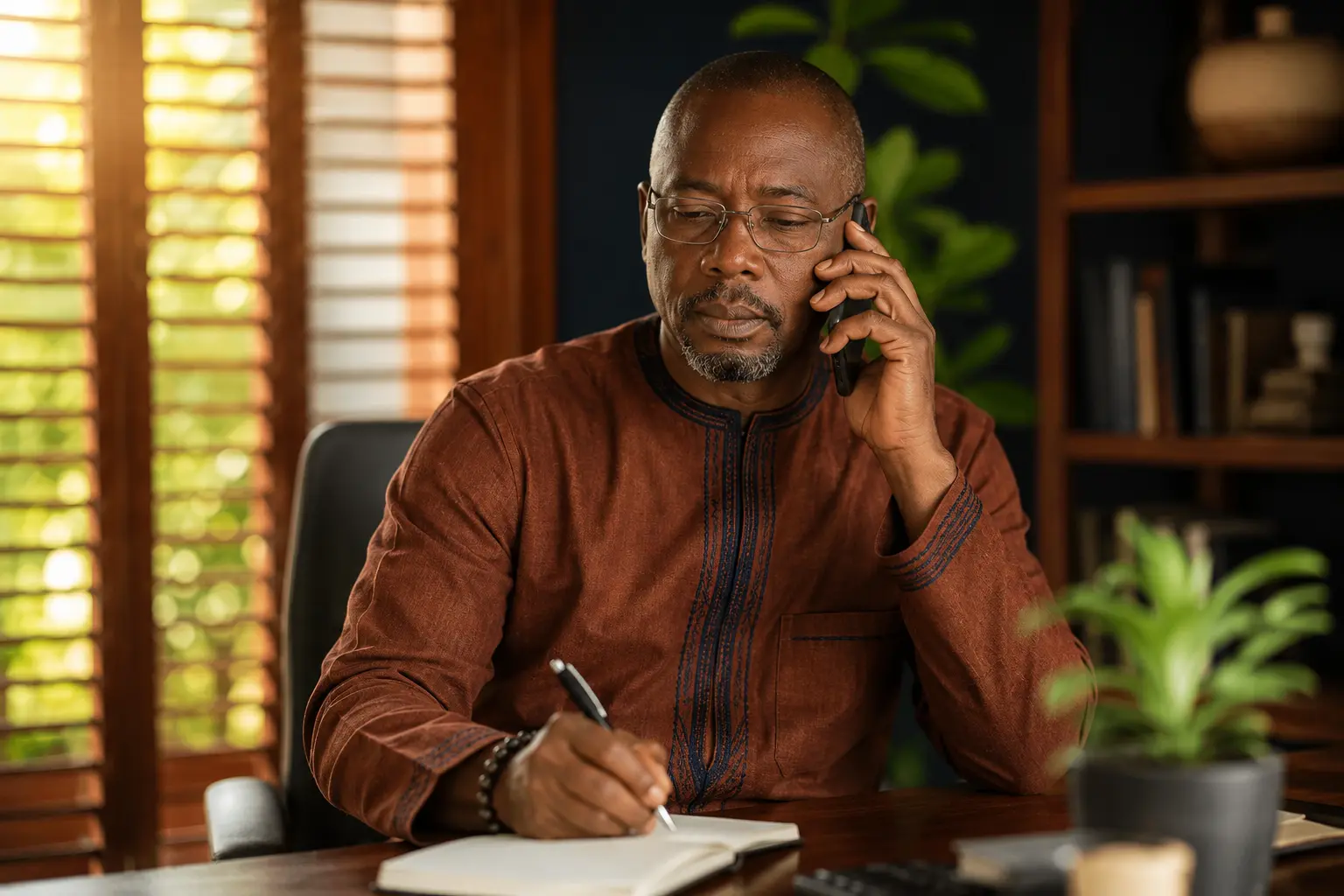 Professeur Bobo réalisant une consultation téléphonique depuis son bureau